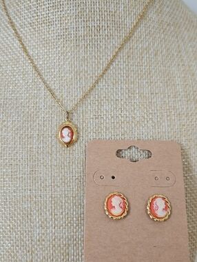 Faberge Gold-tone Cameo Necklace with Coral and White Cameo Earrings